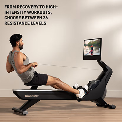 Model rowing on NordicTrack RW900 Rower with resistance levels highlighted 