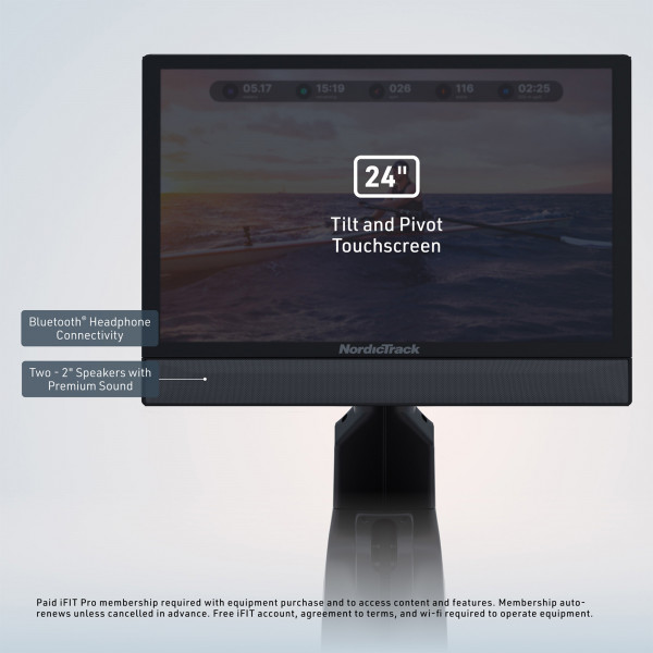 24-inch tilt and pivot touchscreen with speakers and Bluetooth connectivity on NordicTrack RW900 Rower