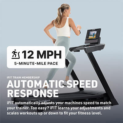 Model running on NordicTrack T Series 8 Treadmill with automatic speed response feature 