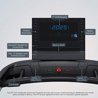 Front view of NordicTrack T Series 8 Treadmill console with 7 inch LCD display and controls 