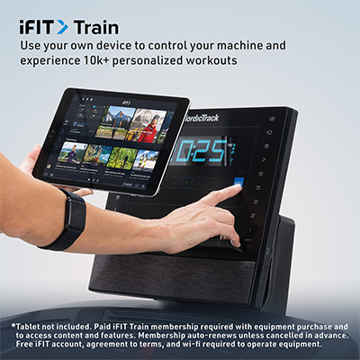 Close-up angled view of NordicTrack T Series 8 Treadmill console with tablet controlling iFIT workouts<br />YOUR 