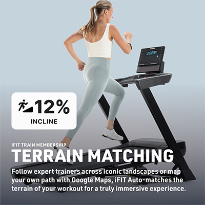 Model running on inclined NordicTrack T Series 8 Treadmill with terrain matching feature 