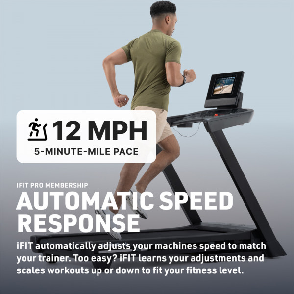 Model running on NordicTrack T Series 10 Treadmill with automatic speed response feature