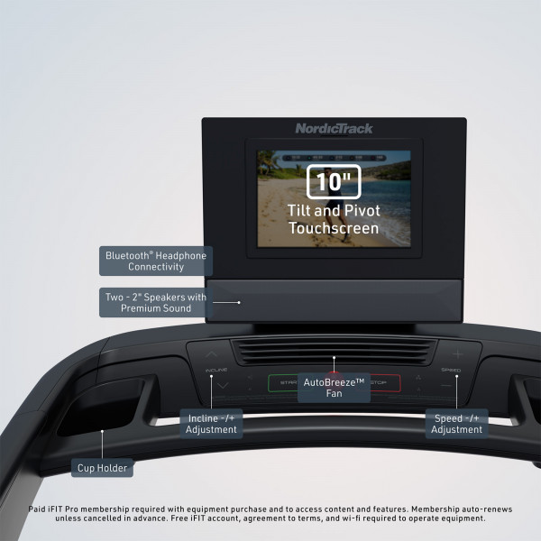 Close-up front view of NordicTrack T Series 10 Treadmill console with touchscreen and controls