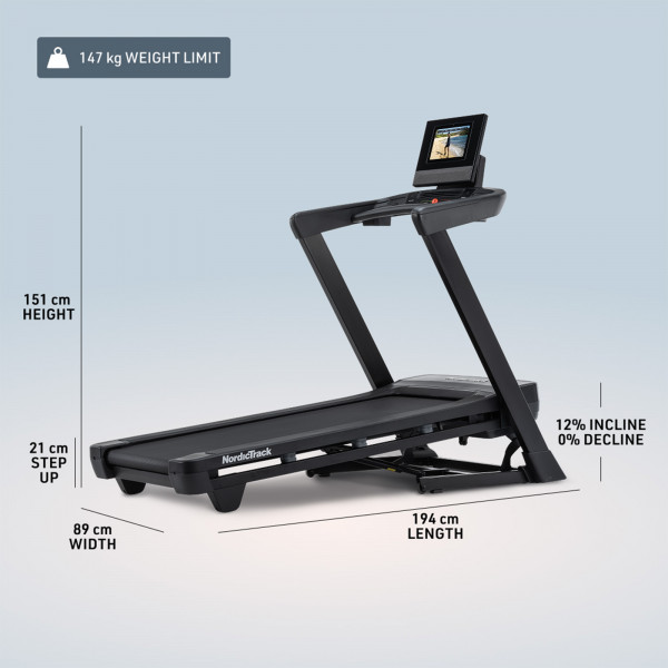 NordicTrack T Series 10 Treadmill with product dimensions and measurements