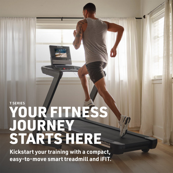 Model running on NordicTrack T Series 10 Treadmill with fitness journey branding overlay