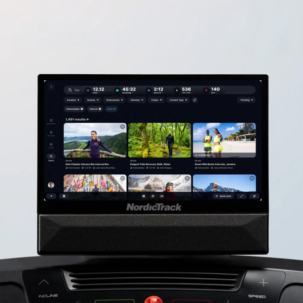 Close-up of the 16-inch HD touchscreen on the NordicTrack T Series 16 Treadmill displaying workout options