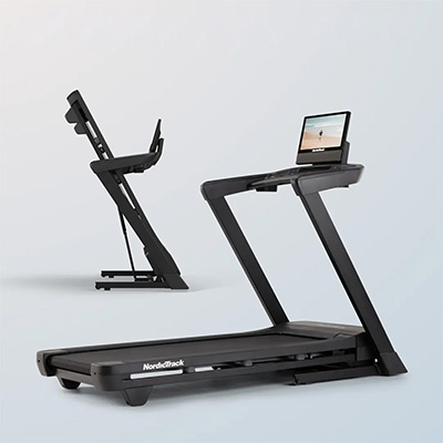 Side and folded views of the NordicTrack T Series 16 Treadmill