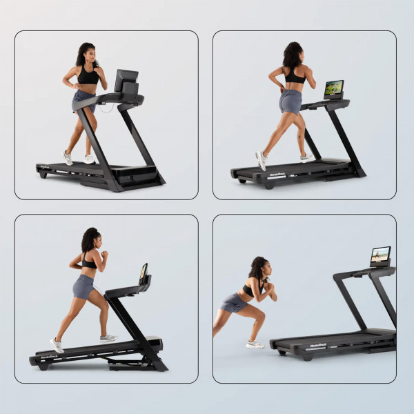 User training on the NordicTrack T Series 16 Treadmill showing multiple workout angles