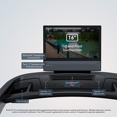 NordicTrack T Series 16 treadmill console with 16-inch touchscreen, fan, speakers, and controls 