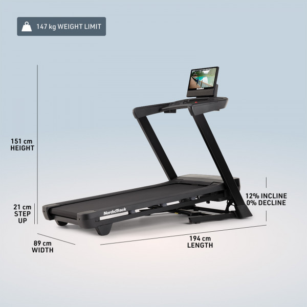 NordicTrack T Series 16 treadmill showing full dimensions and 12 percent incline