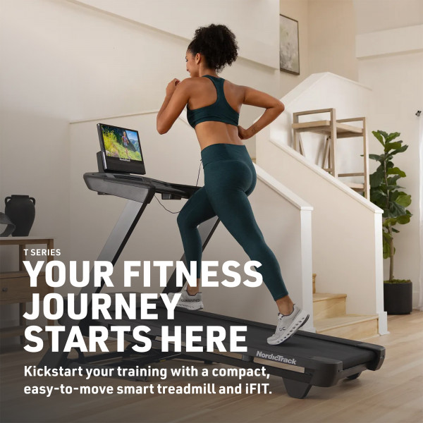 Model jogging on NordicTrack T Series 16 treadmill in bright home setting