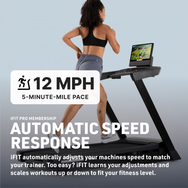 Model sprinting on NordicTrack T Series 16 treadmill at 12 MPH with iFIT automatic speed adjustment