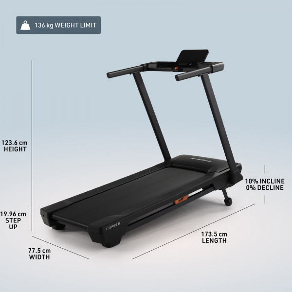 Product dimensions, weight limit, and step-up height of the NordicTrack T Series 5 Treadmill
