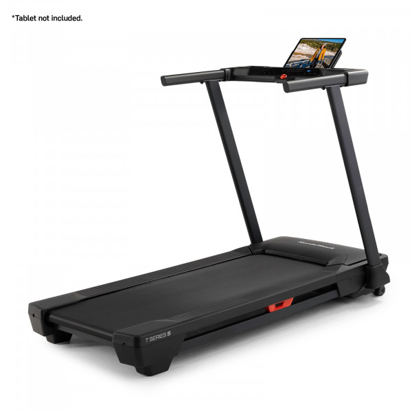 Front right view of the NordicTrack T Series 5 Treadmill with tablet