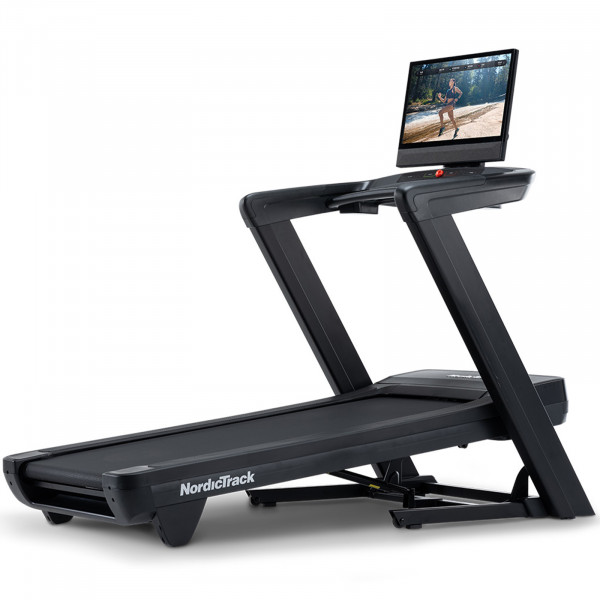 Front right view of the NordicTrack Commercial 2450 Treadmill at an incline.