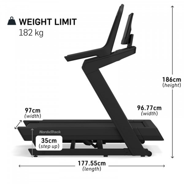 Dimensions and maximum user weight of the NordicTrack X16 treadmill.
