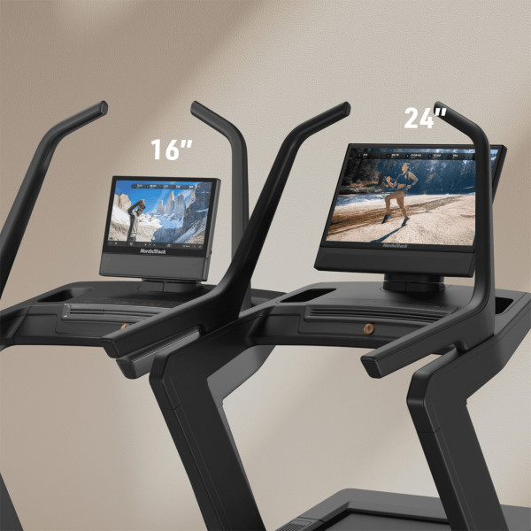Angled view of NordicTrack Treadmill with 16 inch and 24 inch touchscreen consoles side by side
