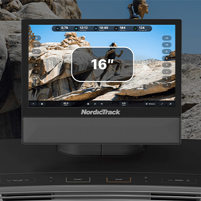 Close-up front view of the NordicTrack X16 Treadmill 16 inch touchscreen display    