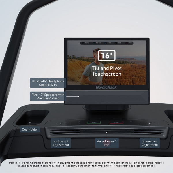 Close-up front view of the NordicTrack X16 Treadmill console with touchscreen and controls