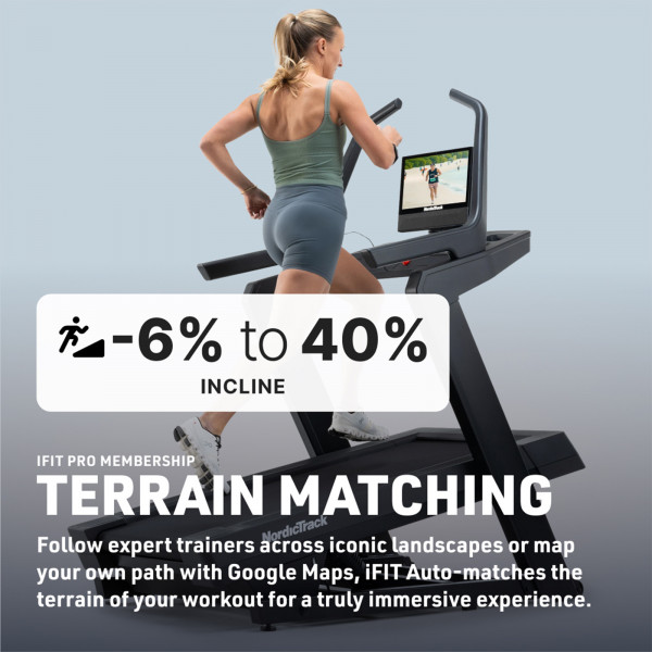 Model running on the NordicTrack X16 Treadmill with incline feature overlay