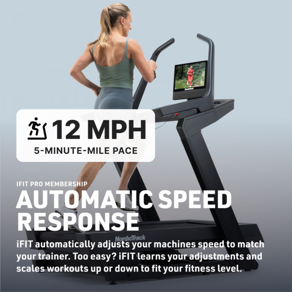 Model running on the NordicTrack X16 Treadmill with speed feature overlay