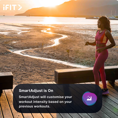 Lifestyle view of a model running outdoors with SmartAdjust feature for the NordicTrack X16 Treadmill 