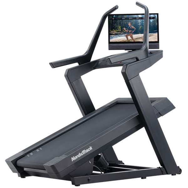 Front right view of the NordicTrack X24 Treadmill at an incline.