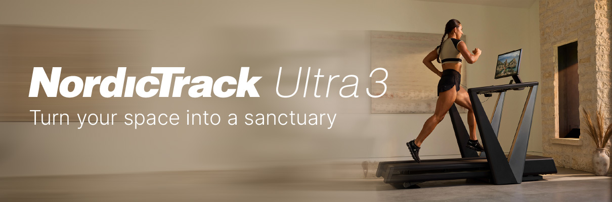 Model running on the NordicTrack Ultra 3 Treadmill in a product banner