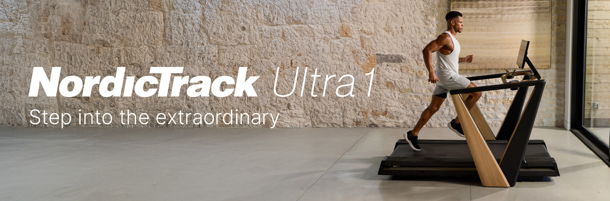 Model running on the NordicTrack Ultra 1 Treadmill in a product banner