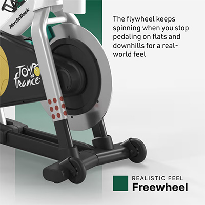Closeup of the flywheel on the NordicTrack Tour de France Indoor Bike showing freewheel feature  