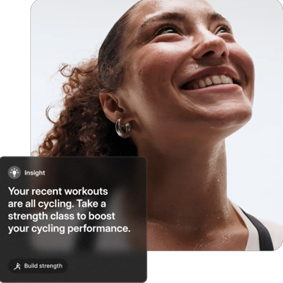 An infographic for Peloton IQ. An example of a screen prompt reads: "Your recent workouts are all cycling. Take a strength class to boost your cycling performance." 