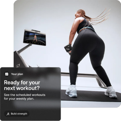 An infographic for Peloton IQ. An example of a screen prompt reads: "Ready for your next workout? See the scheduled workouts for your weekly plan."