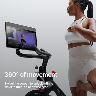 Infographic of the Peloton Cross Training Bike with the caption: "360 degrees of movement. Swivel the screen to unlock infinite was to train on or off the seat."