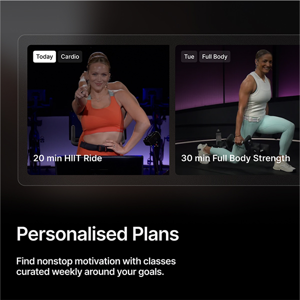 An infographic showcases the Peloton membership, showing two example classes. A caption states: "Personalised Plans. Find nonstop motivation with classes curated weekly around your goals."