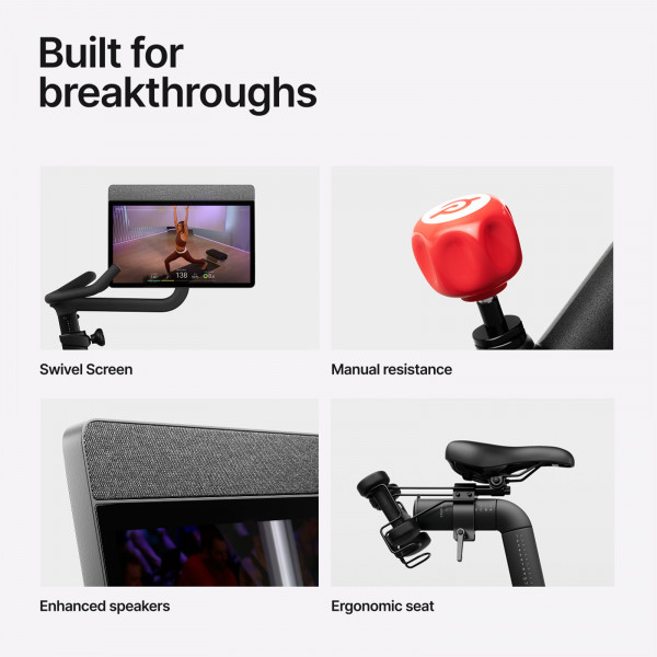 An Infographic stating: Built for breakthroughs. It includes four images of the Swivel screen, manual resistance, enhanced speakers, and ergonomic seat.