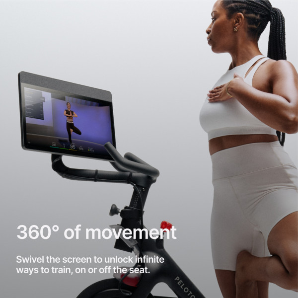 An infographic stating: 360 degrees of movement. Swivel the screen to unlock infinite ways to train, on or off the seat. 