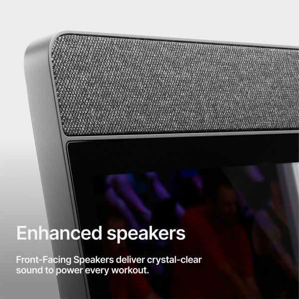 An infographic stating: Enhanced speakers. Front-facing speakers deliver crystal-clear sound to power every workout.