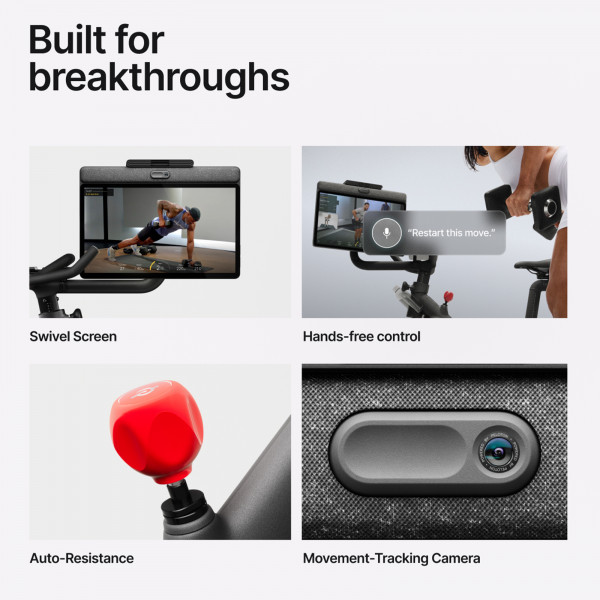 An infographic stating "Built for breakthroughs". There are four images, each with a caption reading: "Swivel screen, Hands-free control, Auto-resistance, Movement-Tracking Camera.