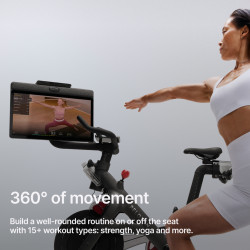 Infographic stating: "360 degrees of movement. Build a well-rounded routine on or off the seat with 15+ workout types, including strength, yoga, and more.