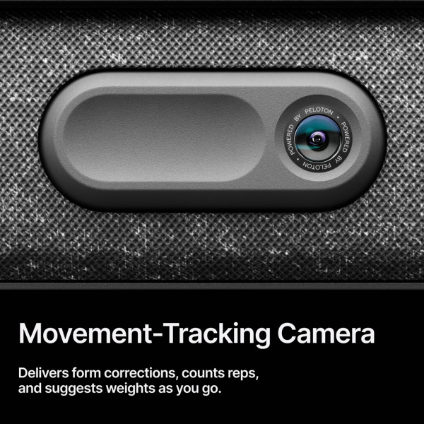 An infographic stating "Movement-tracking camera. Delivers form corrections, counts reps, and suggests weights as you go."