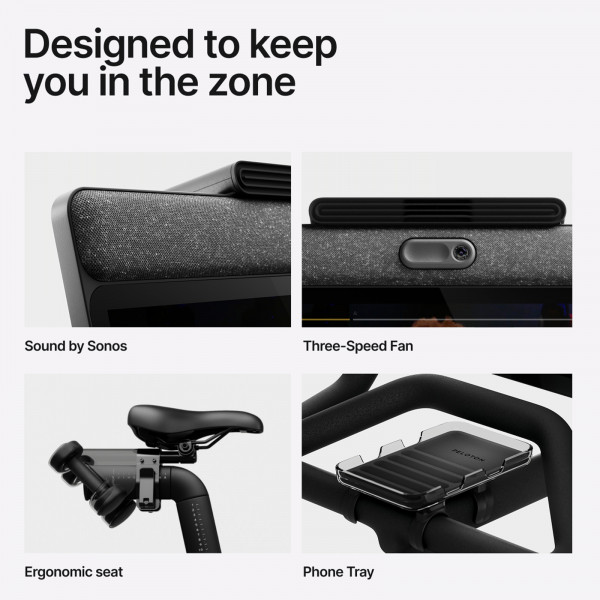 An infographic with four images. The infographic is titled: "Designed to keep you in the zone". Each of the four images has a corresponding caption: "Sound by Sonos, Three-Speed Fan, Ergonomic seat, Phone Tray."
