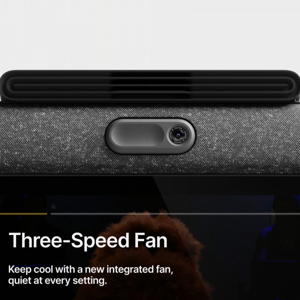 An infographic stating: "Three-Speed Fan. Keep cool with a new integrated fan, quiet at every setting."