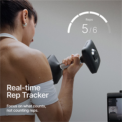 An infographic stating: "Real-time rep tracker. Focus on what counts, not counting reps."