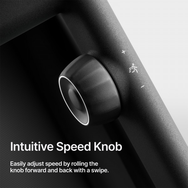 An infographic showing the intuitive speed knob of the Peloton Cross Training Tread. The caption reads "Easily adjust speed by rolling the knob forward and back with a swip.