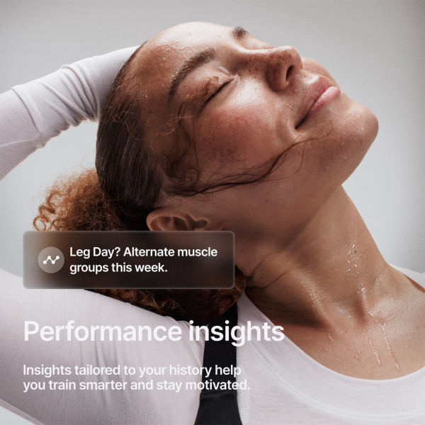 An infographic showing the performance insights available with the Peloton Cross Training Tread. The caption reads: "Insights tailored to your history help you train smarter and stay motivated." There is also an example pop-up which reads: "Leg Day? Alternate muscle groups this week."