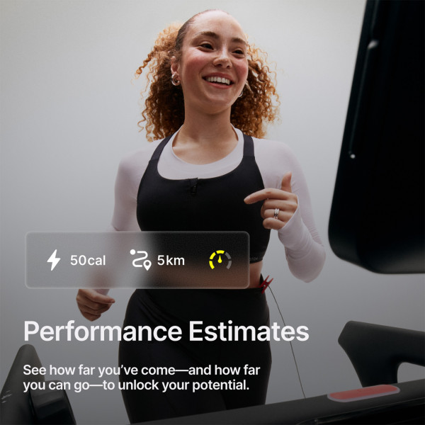 An infographic showing the Performance Estimates available through your Peloton Cross Training Tread. The caption reads: See how far you've come—and how far you can go—to unlock your potential.