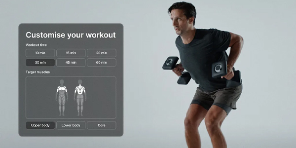 Image showing the on-screen data for customising your workout. A model is performing a dumbbell row. 