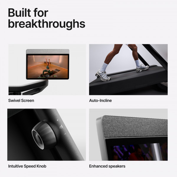 An infographic stating: "Built for breakthroughs". There are four images, each with a caption reading: "Swivel Screen, Auto-Incline, Intuitive Speed Knob, Enhanced Speakers."