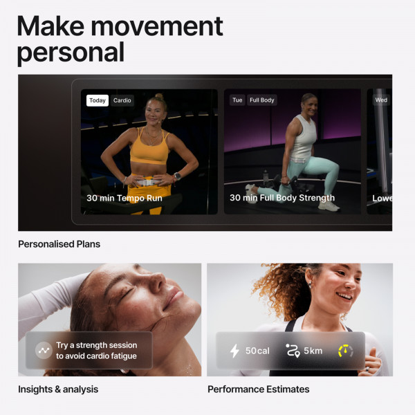 An infographic stating: "Make movement personal". There are three images, each with a caption reading: "Personalised plans, Insights & Analysis, Performance Estimates."
